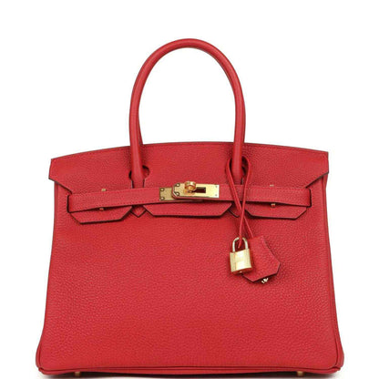 Hermes Birkin 30 handbag in red Togo leather with gold-toned lock and hanging padlock