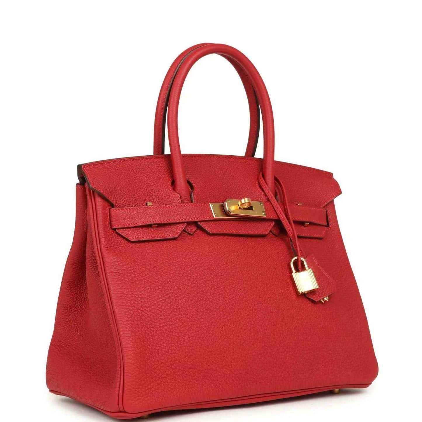 Hermes Birkin 30 handbag in red Togo leather with gold-toned clasp and padlock, side profile