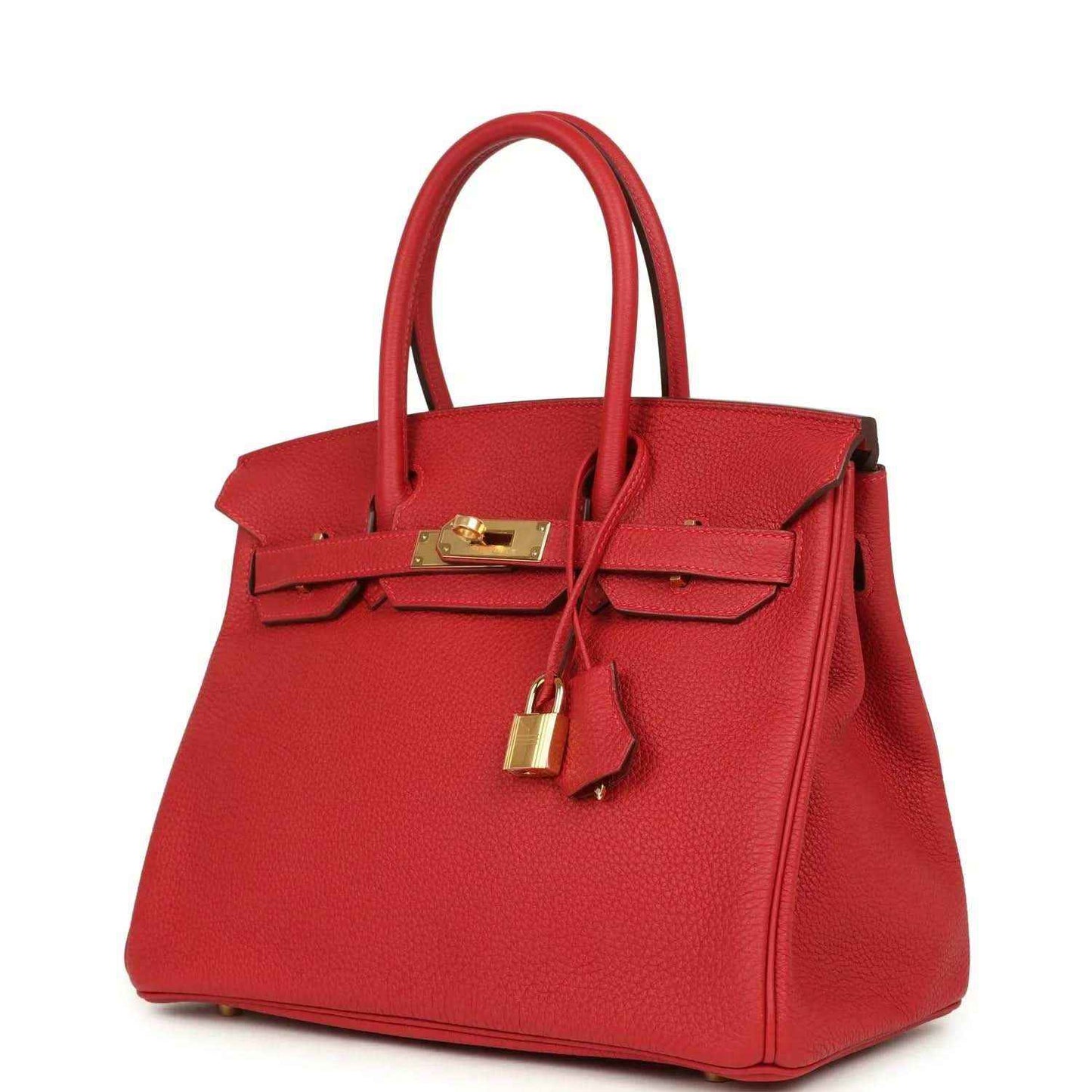 Hermes Birkin 30 handbag in red Togo leather with gold-toned clasp and padlock, handles