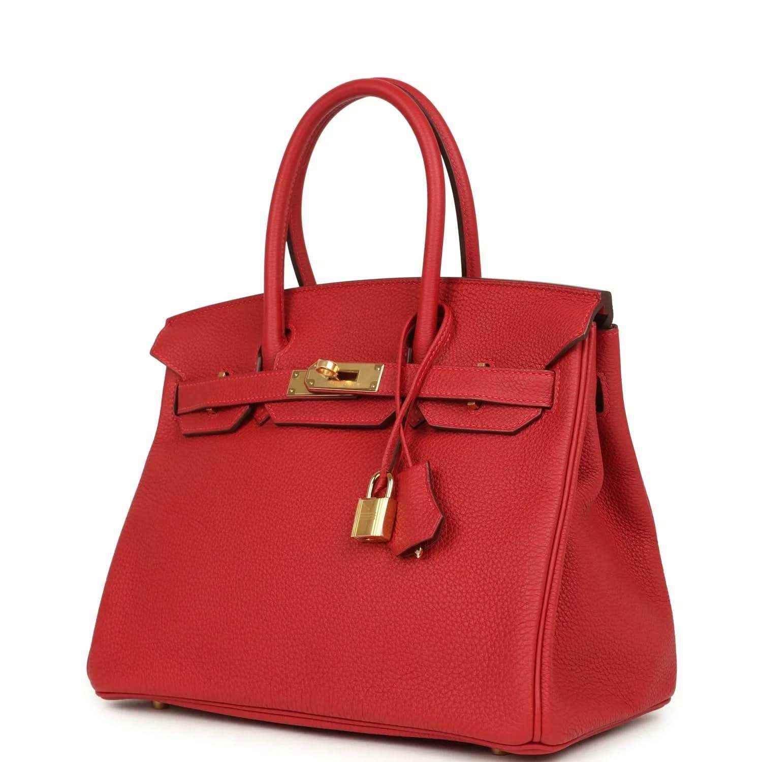 Hermes Birkin 30 handbag in red Togo leather with gold-toned clasp and padlock, handles