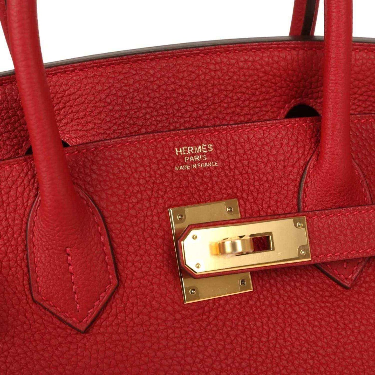 Hermes Birkin 30 handbag interior view with gold-toned turn-lock and embossed branding