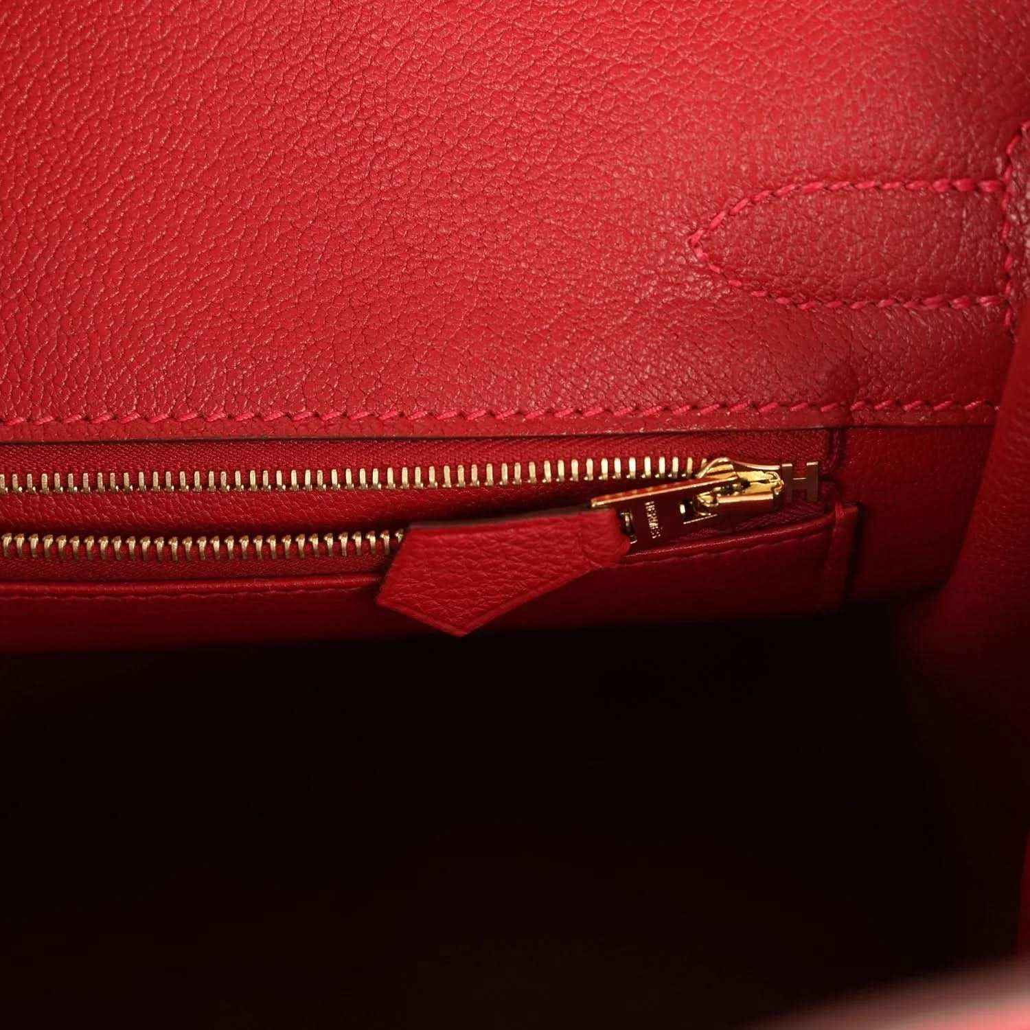 Hermes Birkin 30 handbag interior zip pocket with red leather trim and gold zipper pull