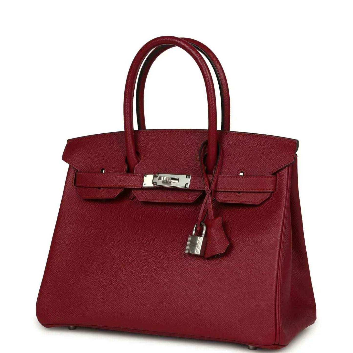 Red leather handbag with top handles, front flap and silver-tone lock