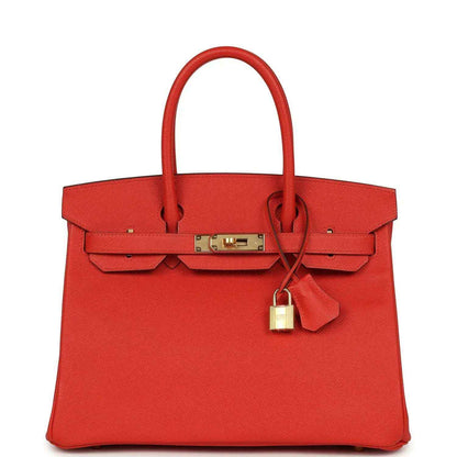 Hermes Birkin 30 red leather handbag with top handles, gold clasp and padlock