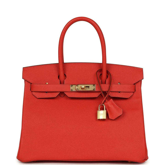 Hermes Birkin 30 red leather handbag with top handles, gold clasp and padlock