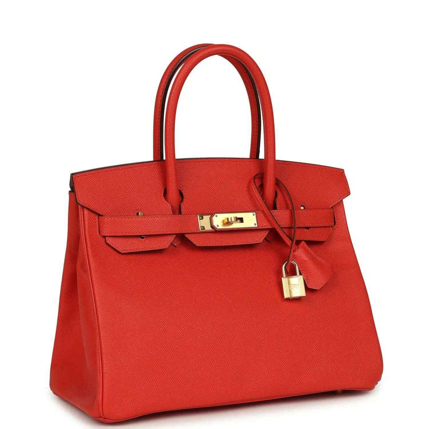 Hermes Birkin 30 red leather handbag, gold center lock with dangling key holder