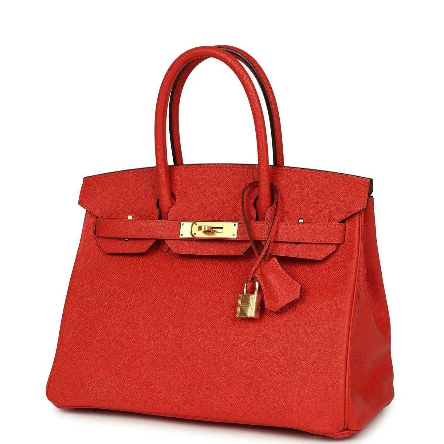 Hermes Birkin 30 red leather handbag with gold lock hardware and hanging key charm