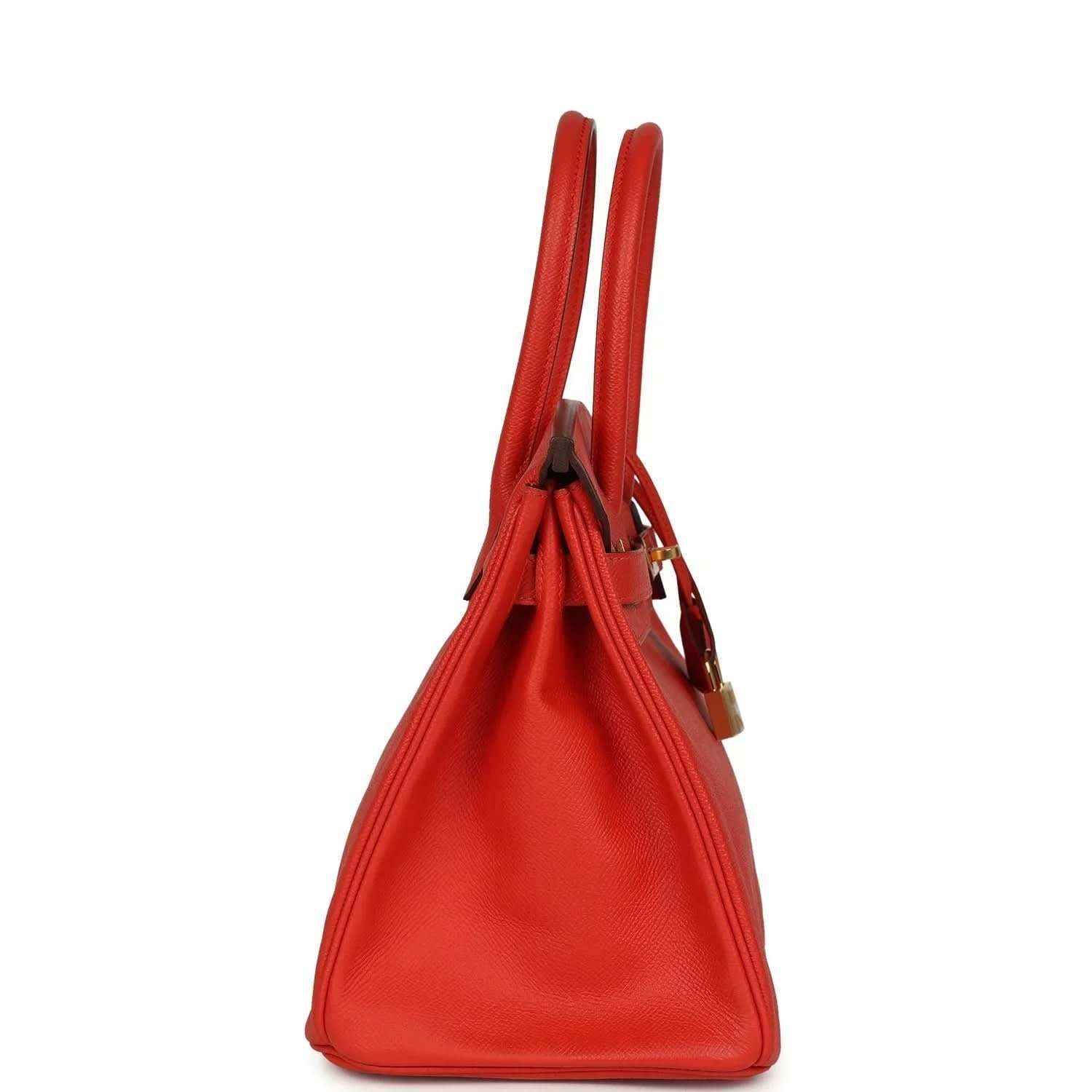 Hermes Birkin 30 red leather handbag side view with two top handles and straps