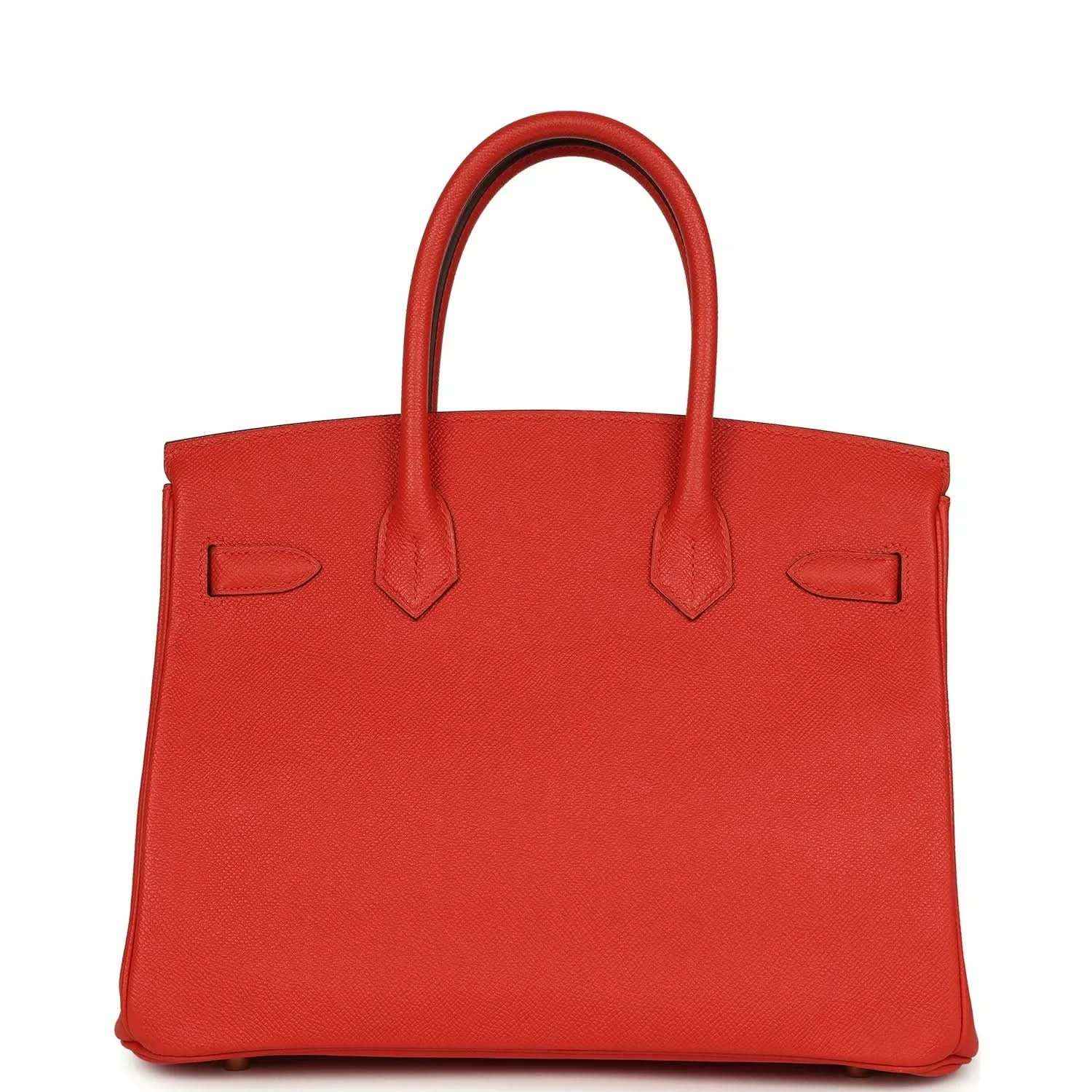 Hermes Birkin 30 red leather handbag front with flap details and top handles