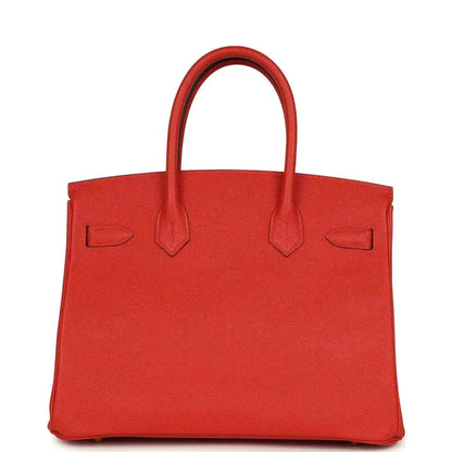 Hermes Birkin 30 red leather handbag front with flap details and top handles