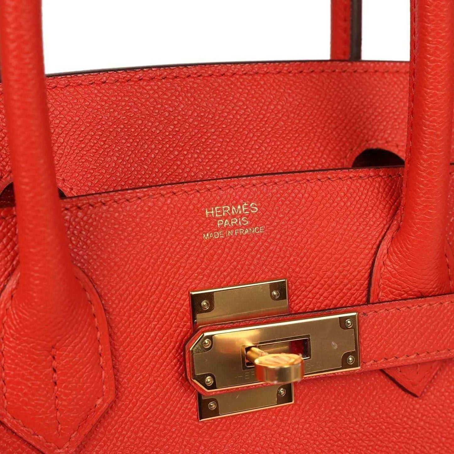 Hermes Birkin 30 interior view with red leather lining, stamp and gold lock plate