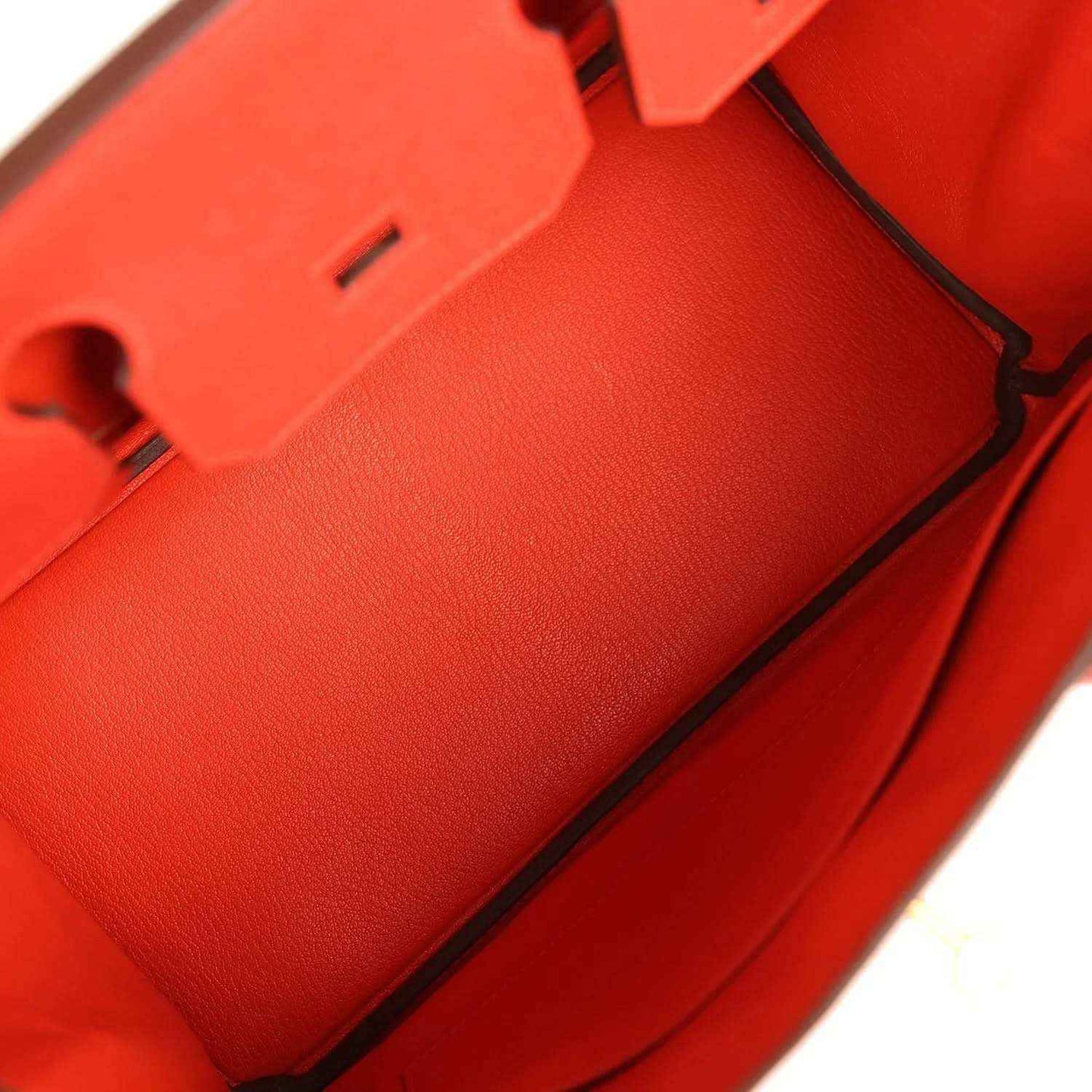 Hermes Birkin 30 red leather interior panel with black trim and inner compartments