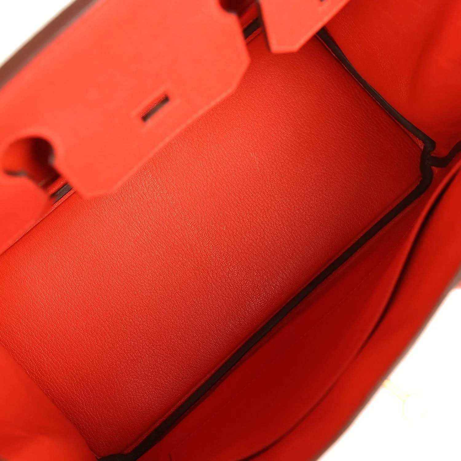 Hermes Birkin 30 red leather interior panel with black trim and inner compartments