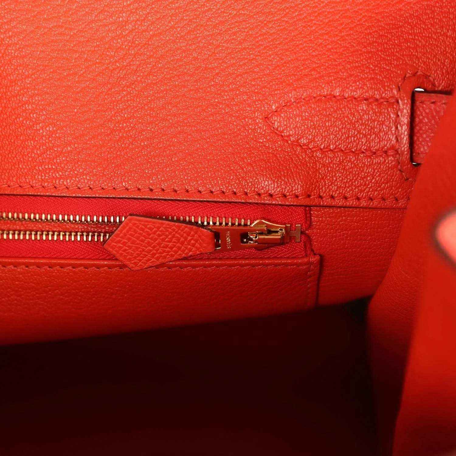 Hermes Birkin 30 interior zipper pocket with red leather tab and gold hardware