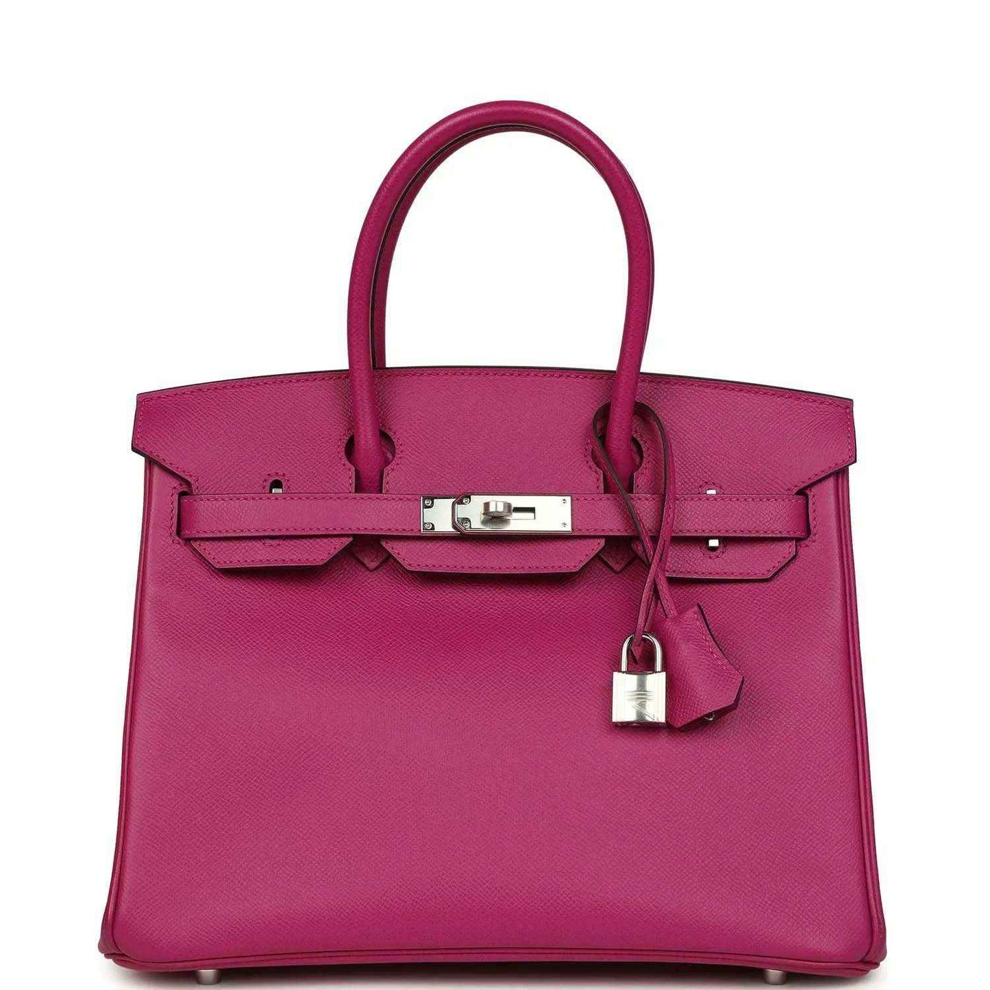 Rose-purple pebbled leather handbag with top handles and silver front lock clasp