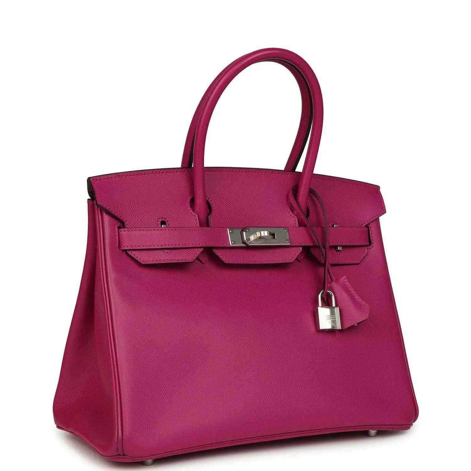 Rose-purple pebbled leather handbag with top handles, front flap, and silver lock