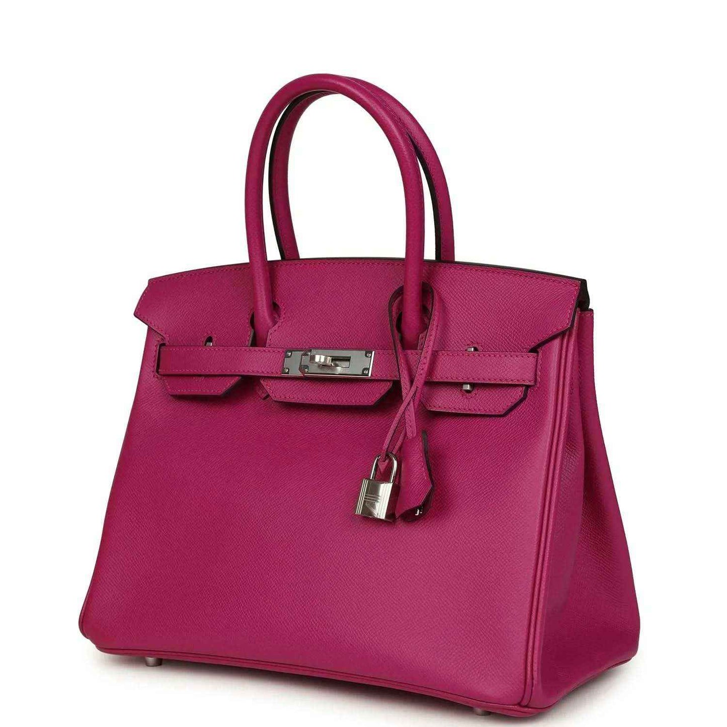 Rose-purple pebbled leather handbag with front flap, top handles, and hanging lock