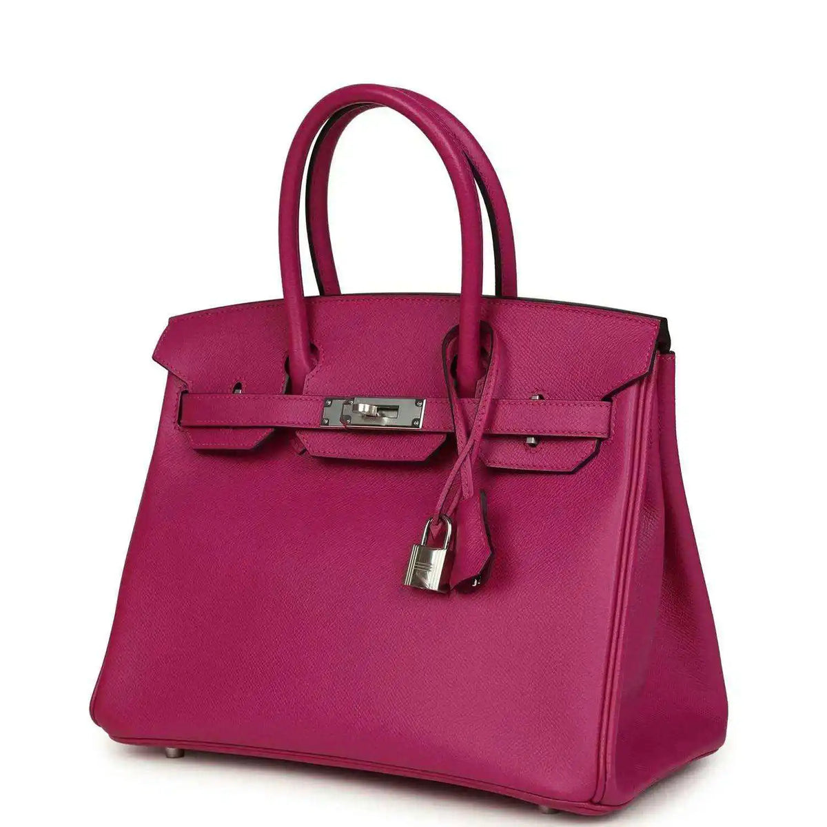 Rose-purple pebbled leather handbag with front flap, top handles, and hanging lock