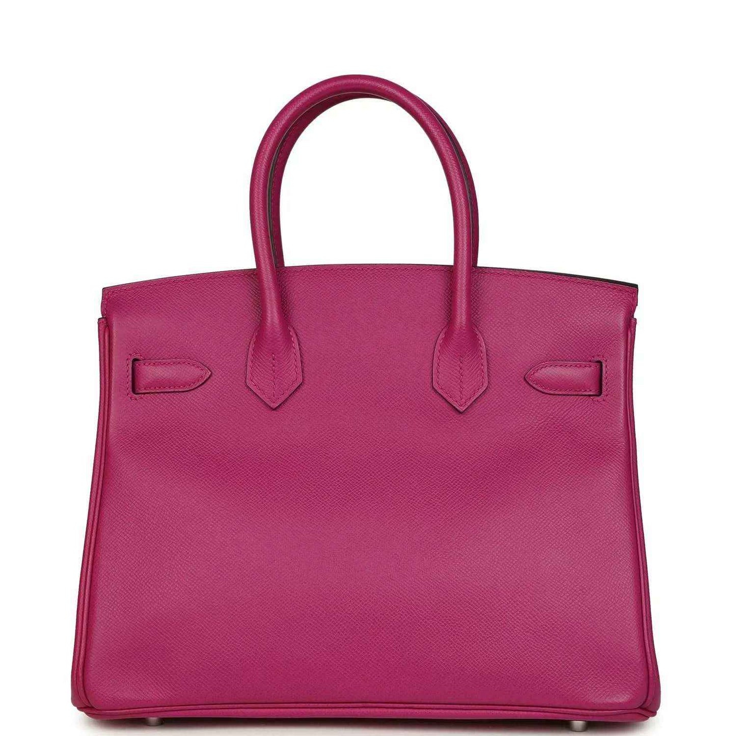 Rose-purple pebbled leather handbag front view with top handles and stitched flap details