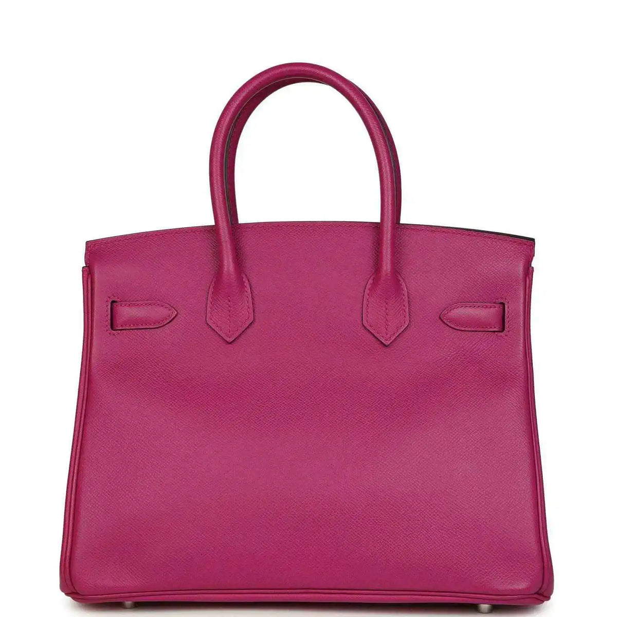 Rose-purple pebbled leather handbag front view with top handles and stitched flap details