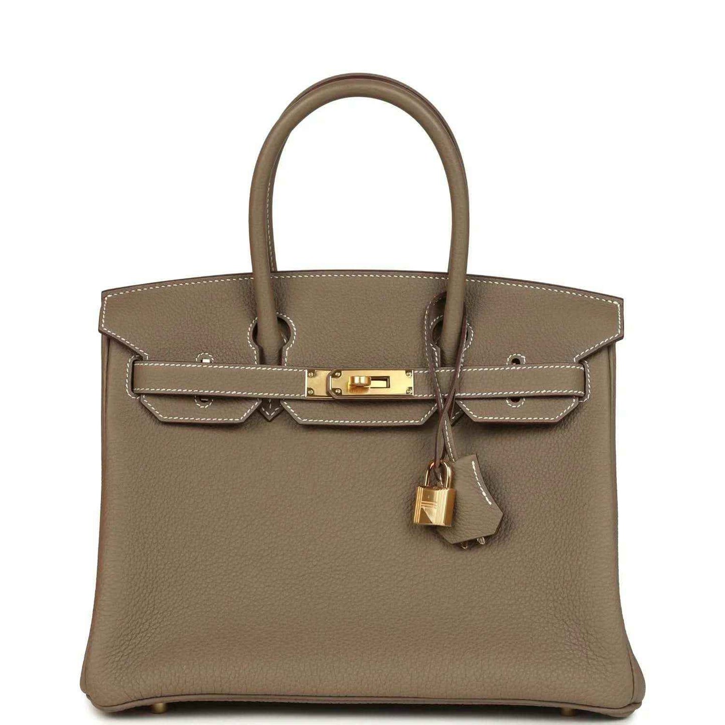 Taupe Togo leather Birkin 30 handbag with gold-tone hardware and top handles.