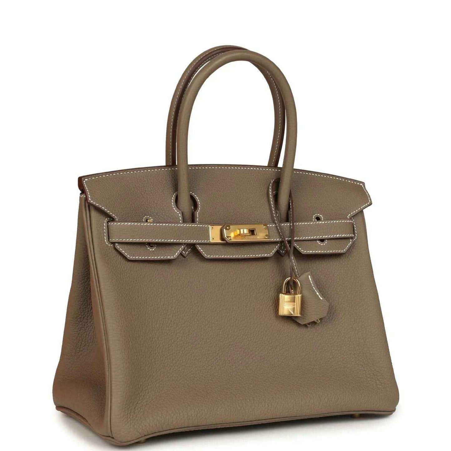 Taupe Togo leather Birkin 30 handbag with front flap, gold-tone hardware, and handles.