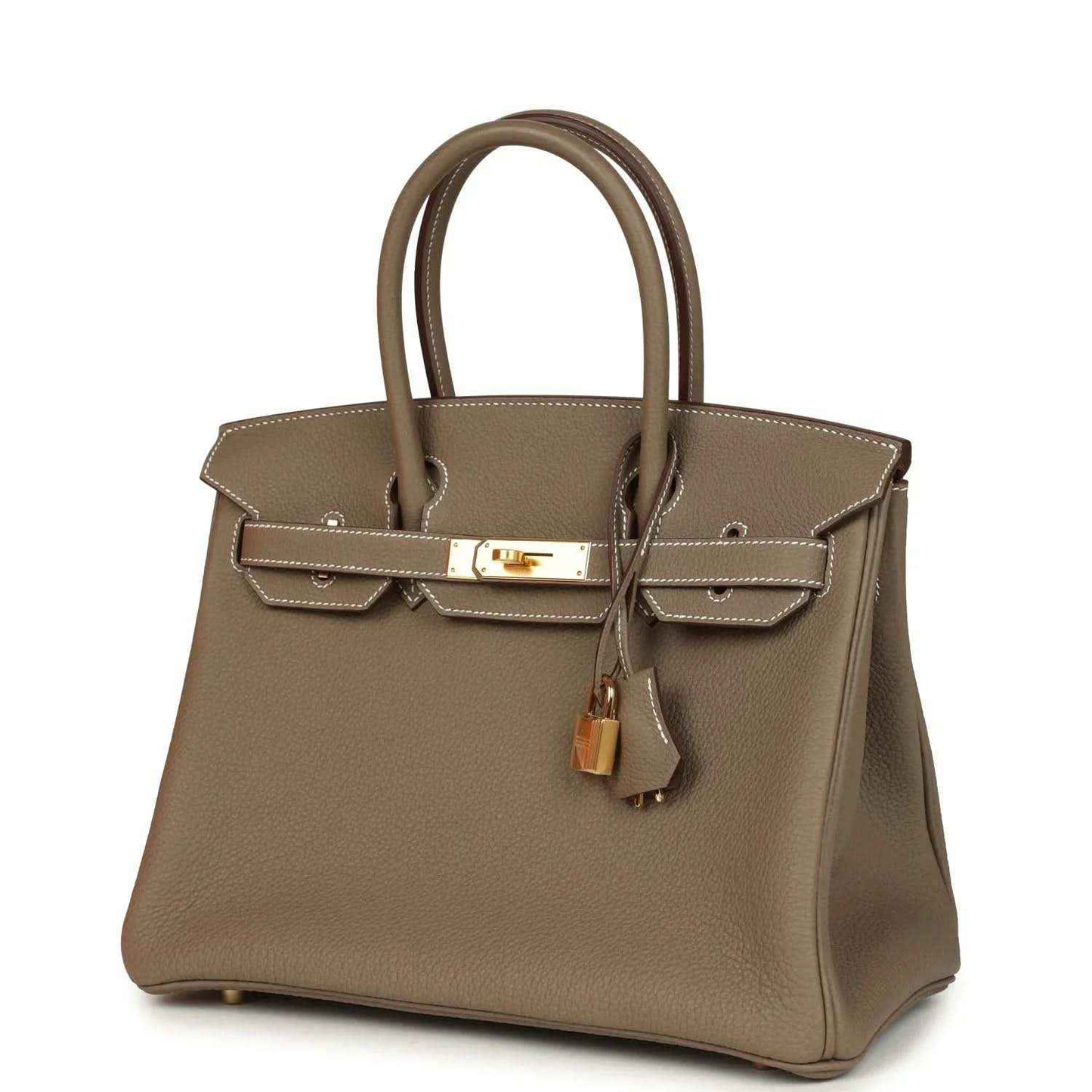 Taupe Togo leather Birkin 30 handbag with front flap and gold-tone lock detail.