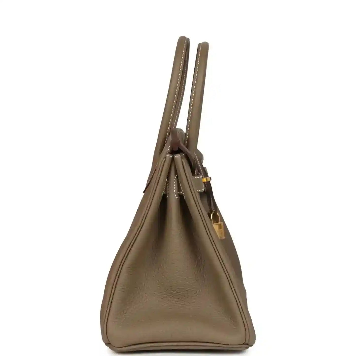 Taupe Togo leather Birkin 30 handbag side view with two top handles and gold accents.