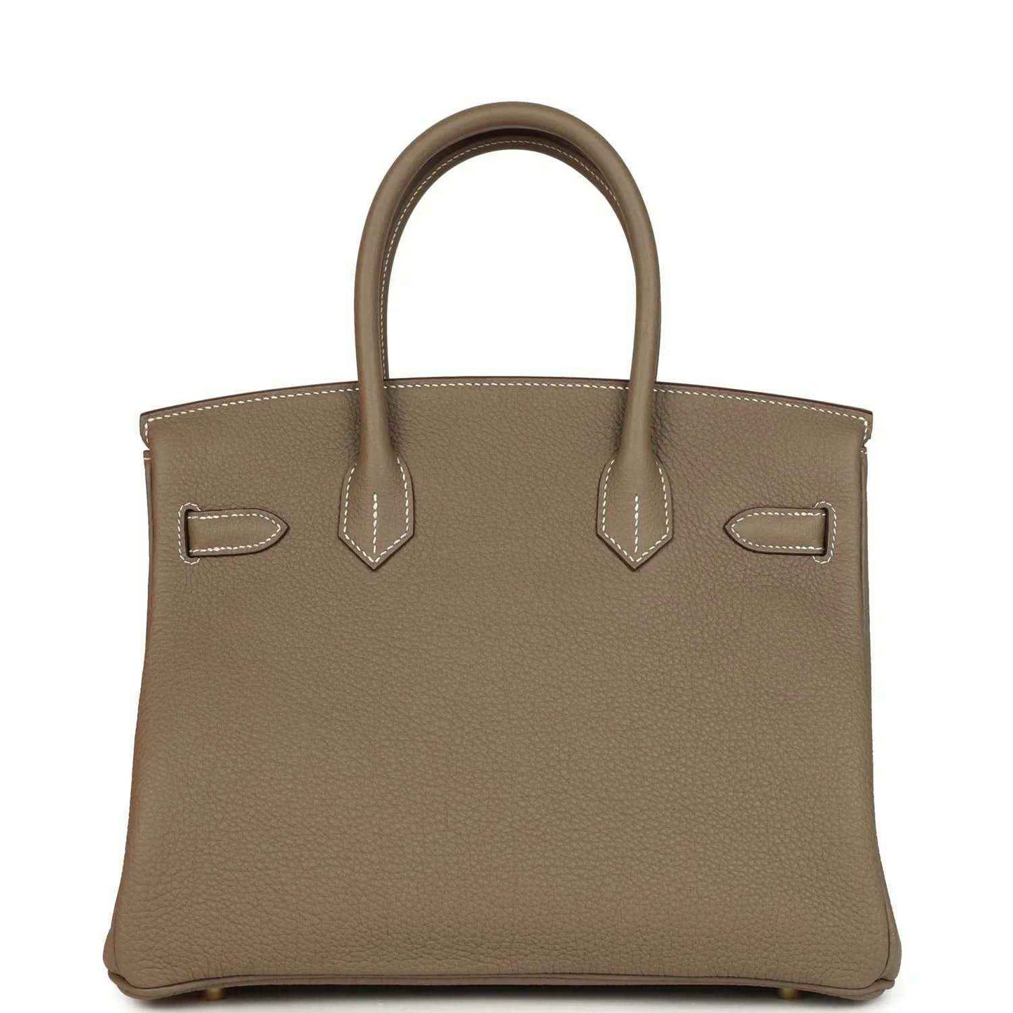 Taupe Togo leather Birkin 30 handbag front view with flap, contrast stitching, and corner cutouts.