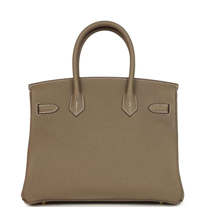 Taupe Togo leather Birkin 30 handbag front view with flap, contrast stitching, and corner cutouts.