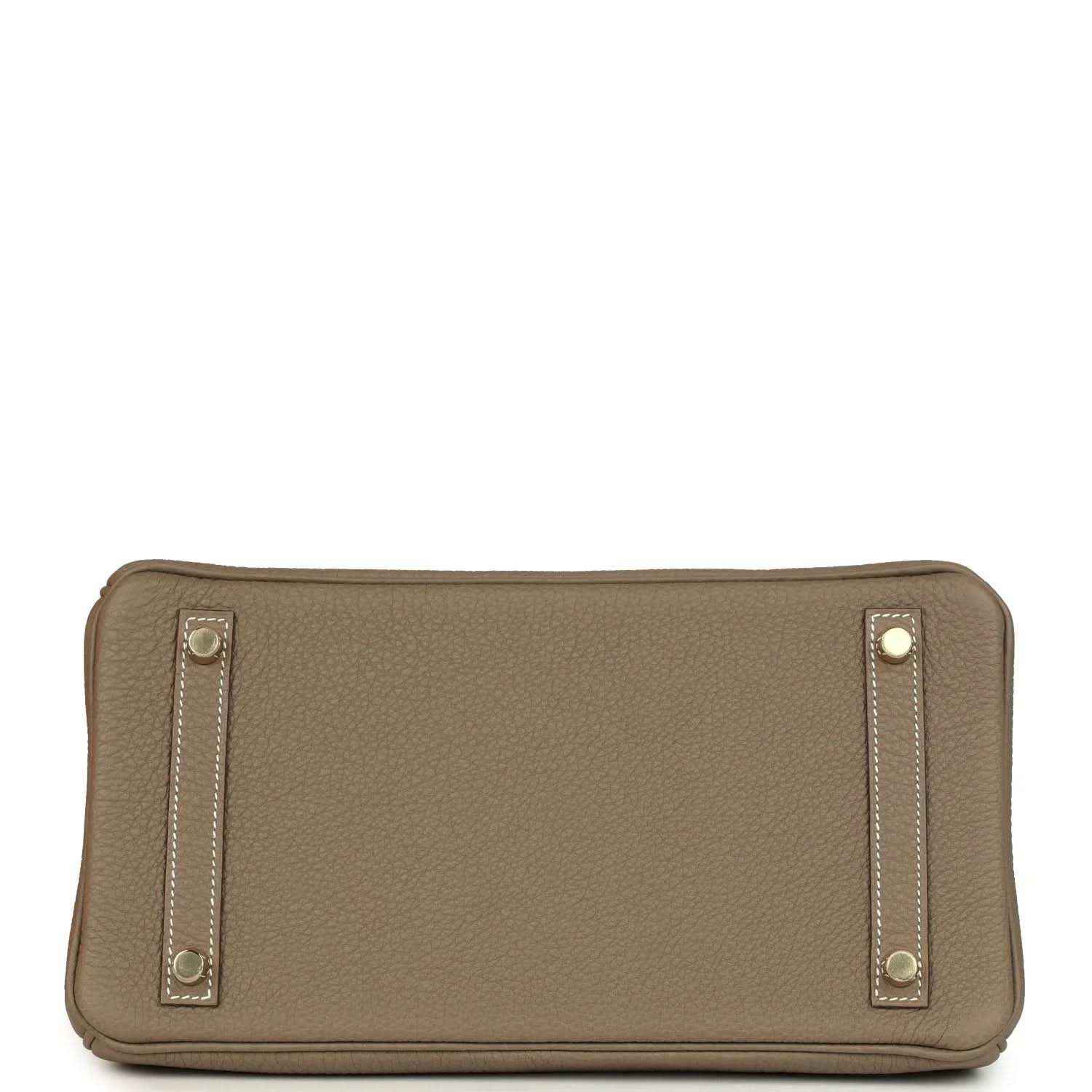 Taupe Togo leather Birkin 30 bag with back panel, metal studs, and stitched trim.