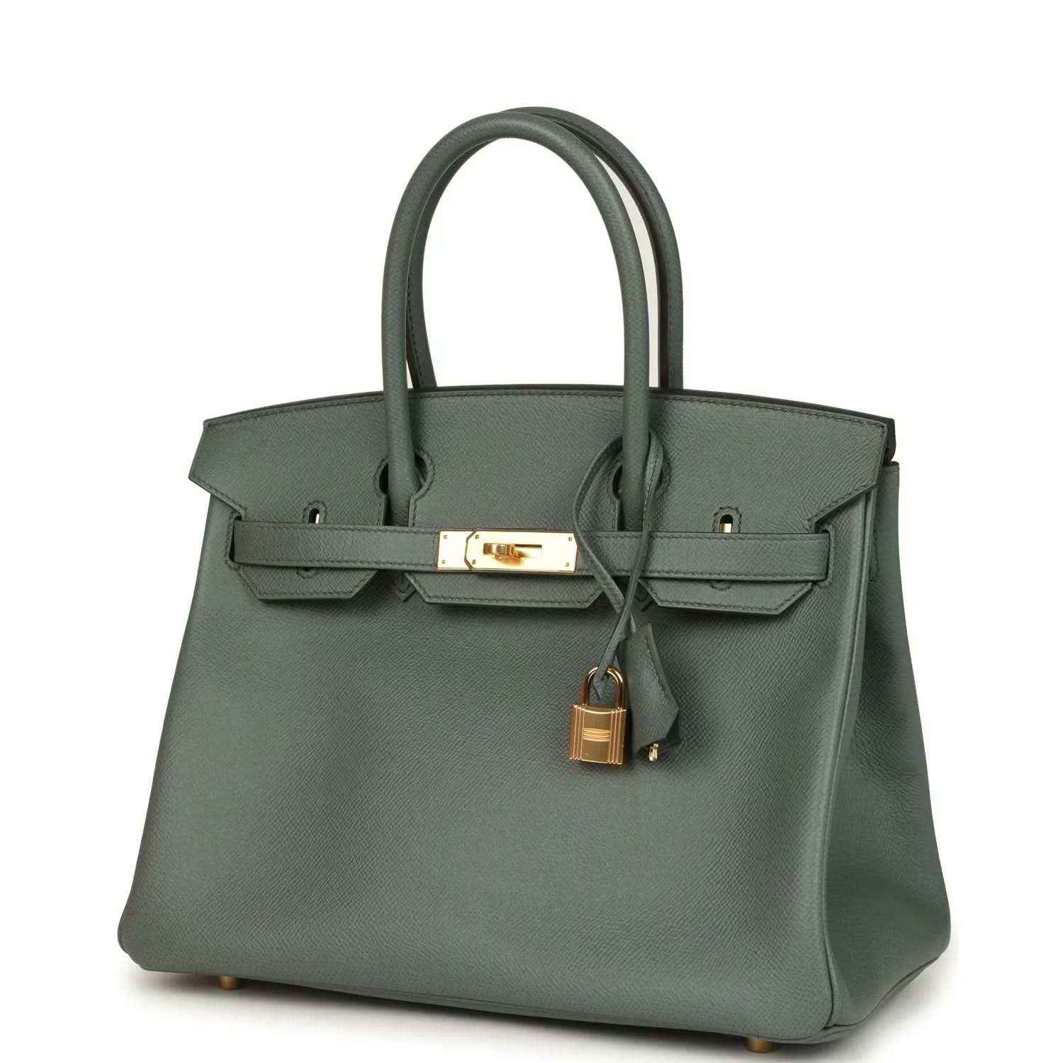 Hermes Birkin 30 handbag in green Epsom leather with front flap, gold-tone lock and feet