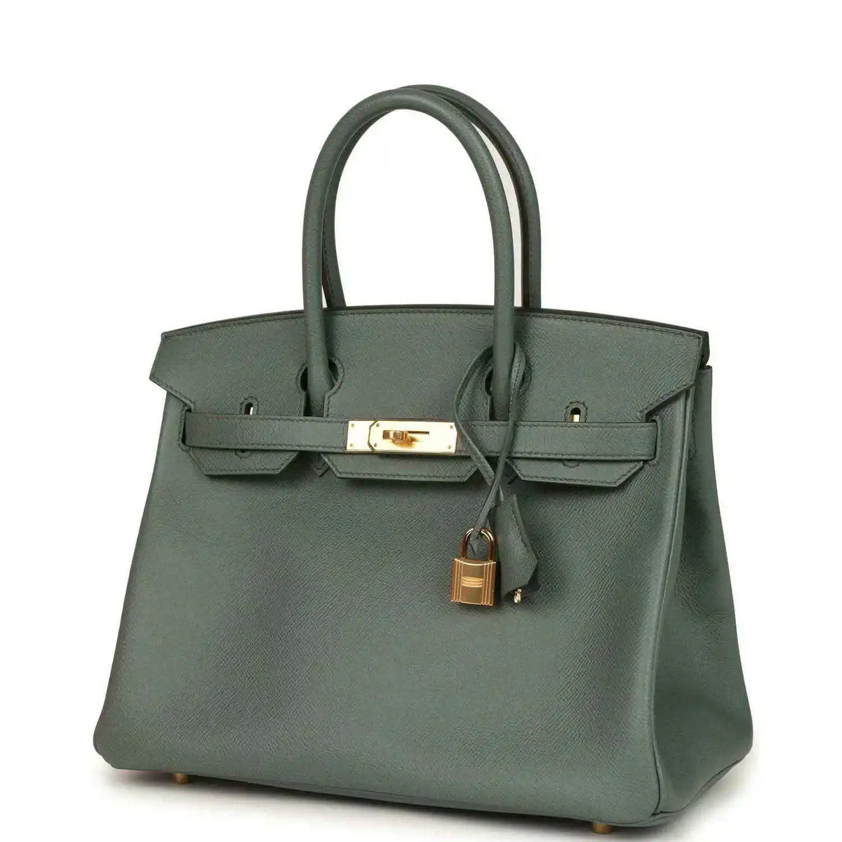 Hermes Birkin 30 handbag in green Epsom leather with front flap, gold-tone lock and feet