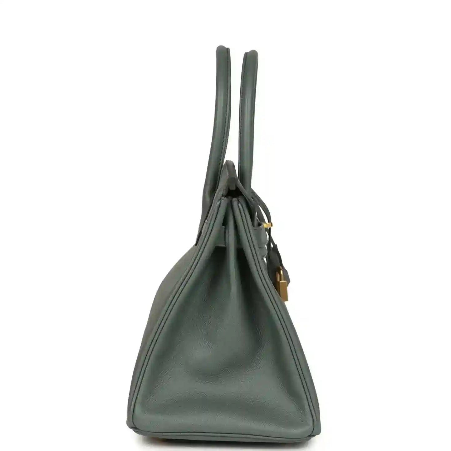 Hermes Birkin 30 handbag in green Epsom leather, showing gathered top opening and handles