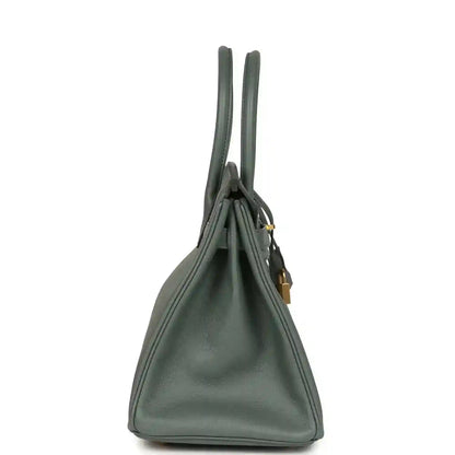 Hermes Birkin 30 handbag in green Epsom leather, showing gathered top opening and handles