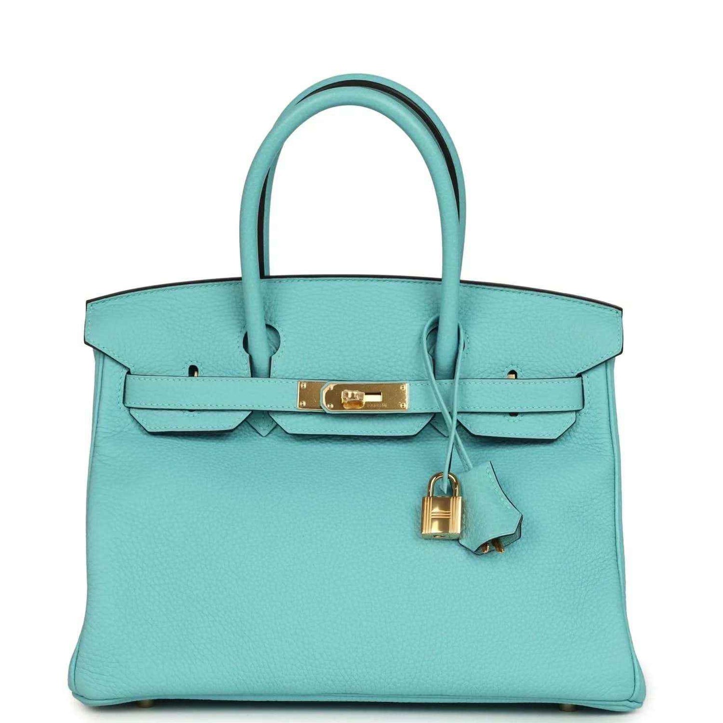 Teal leather Birkin-style handbag with gold-tone clasp, top handles, and front flap details