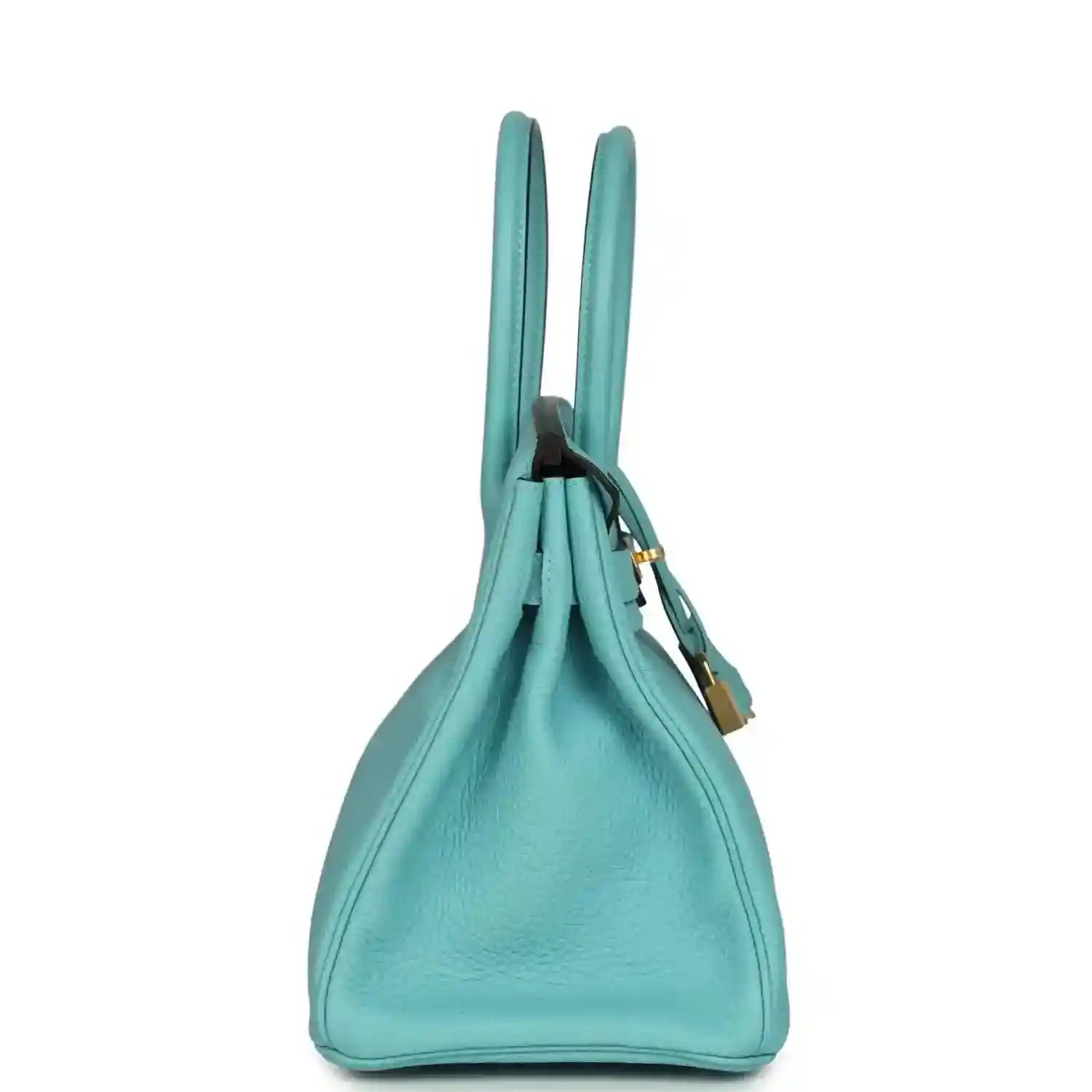 Teal leather drawstring-style top handles bag with gold-tone accents and textured finish