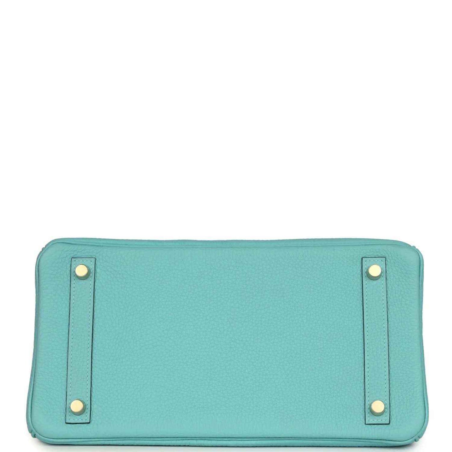 Teal leather handbag base with four corner feet, stitched edges, and snap-tab hardware