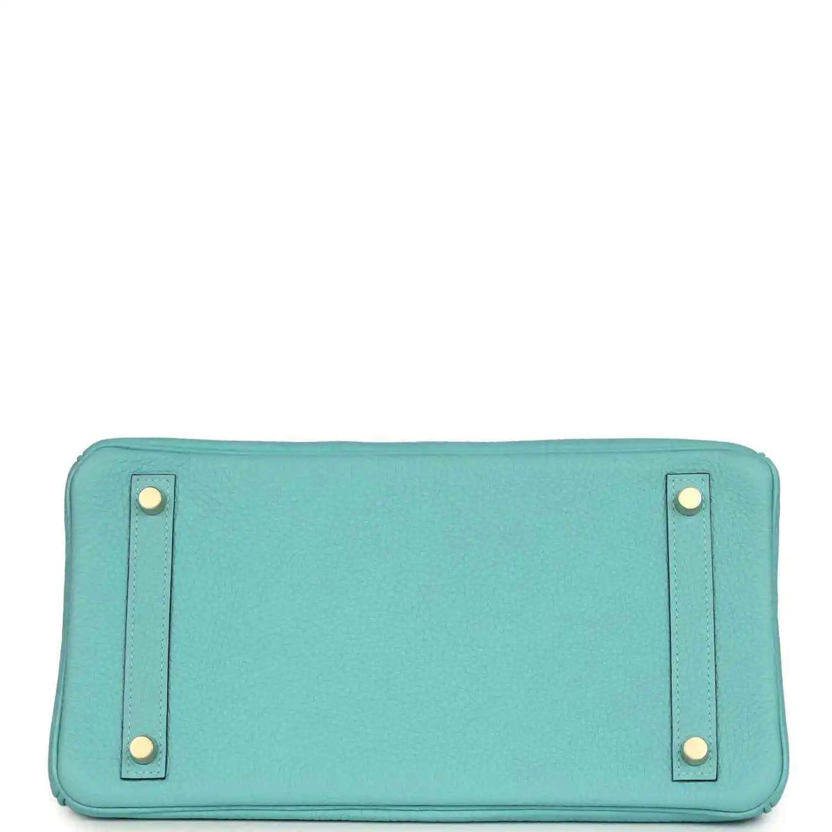 Teal leather handbag base with four corner feet, stitched edges, and snap-tab hardware