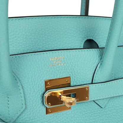 Close-up of teal leather handbag front flap with gold-tone lock and embossed logo