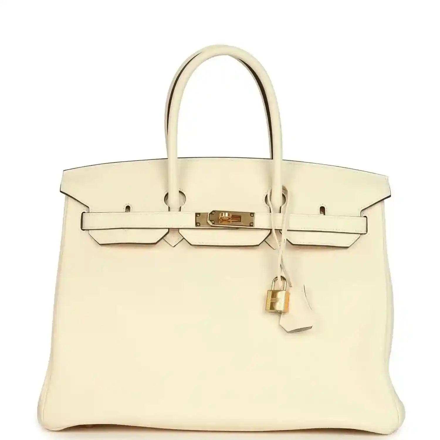 Cream leather Birkin-style tote with gold turn-lock clasp and top handles