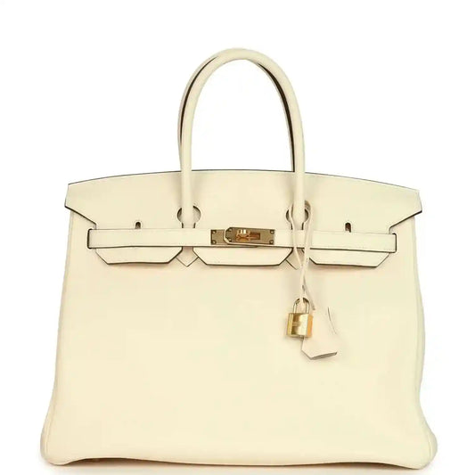 Cream leather Birkin-style tote with gold turn-lock clasp and top handles