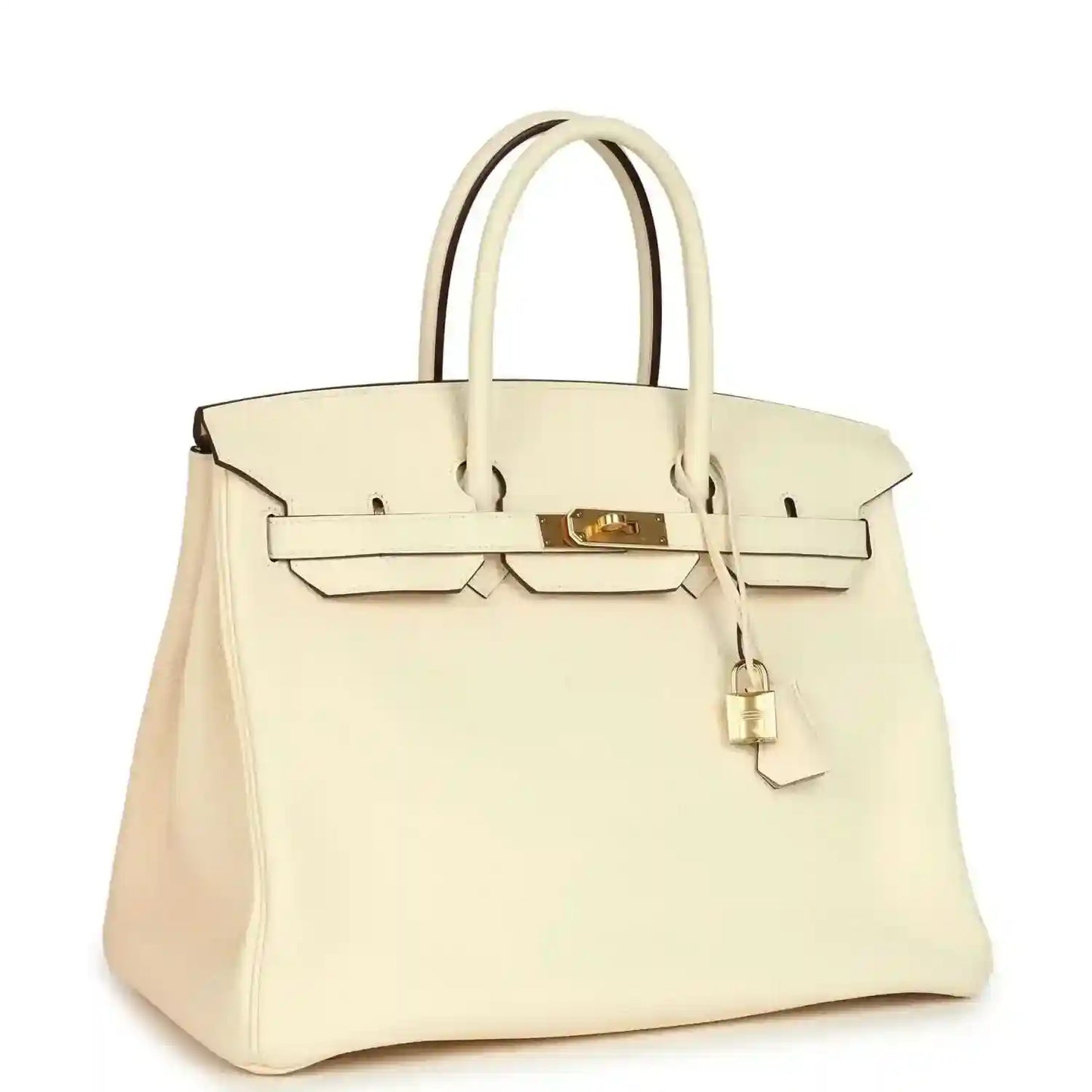 Cream leather tote with gold hardware lock, front flap, and top handles