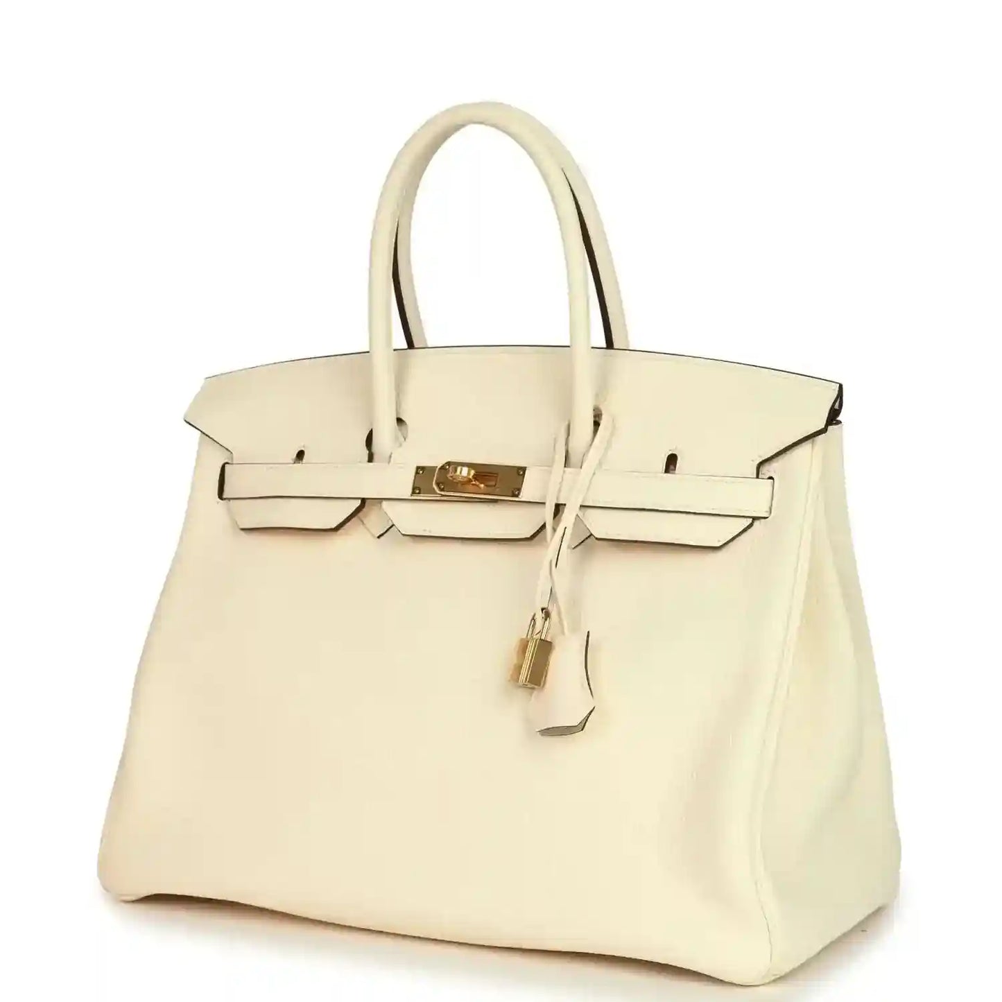 Cream leather tote with gold clasp and hanging leather pull tab