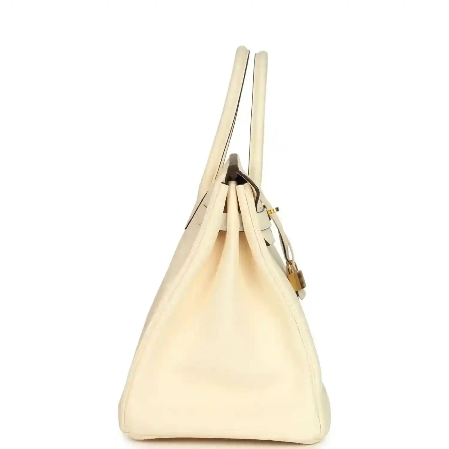Cream leather handbag with dual top handles and side gold trim