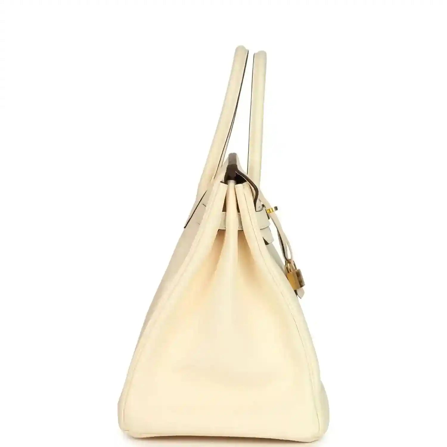 Cream leather handbag with dual top handles and side gold trim