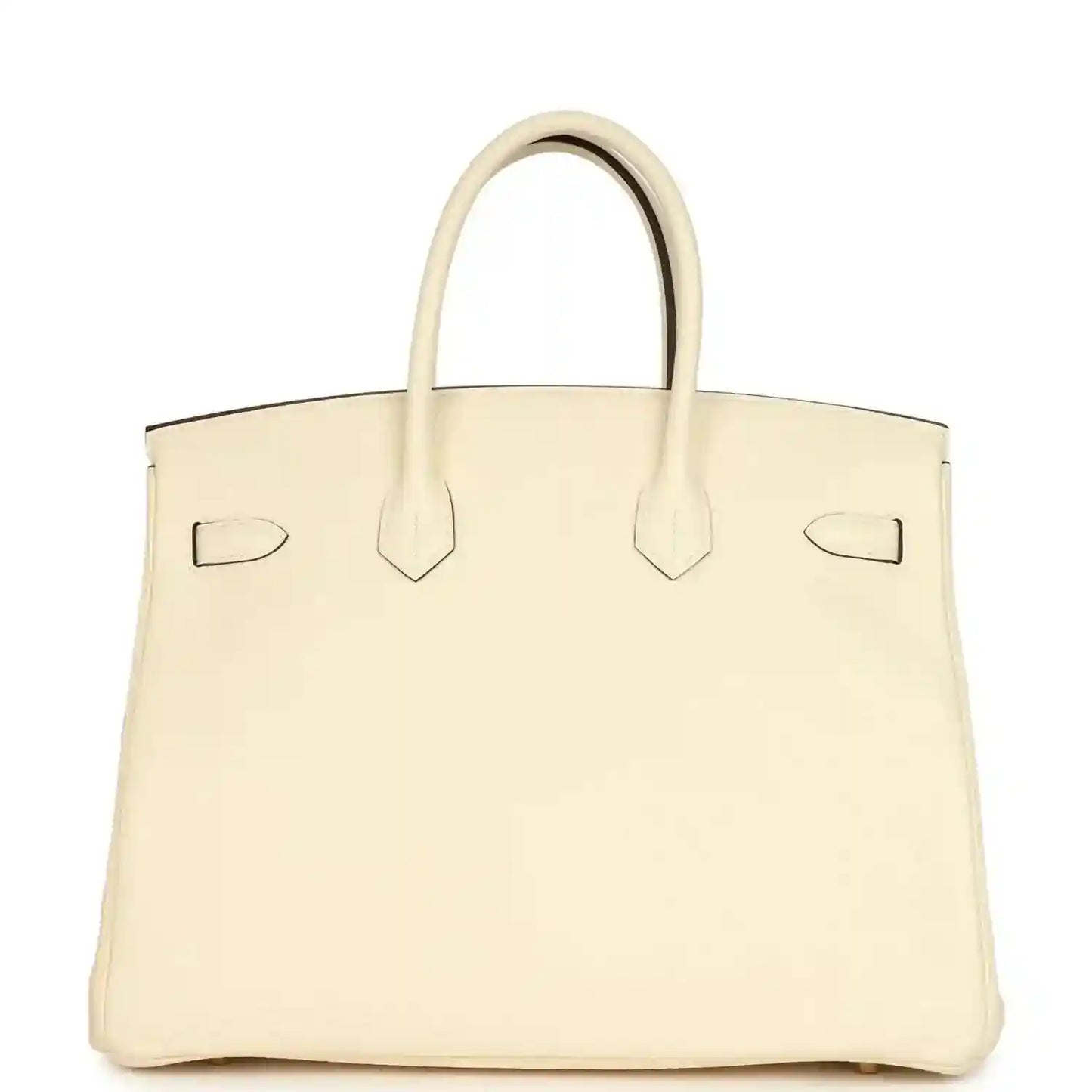 Cream leather tote with corner straps and gold turn-lock on front