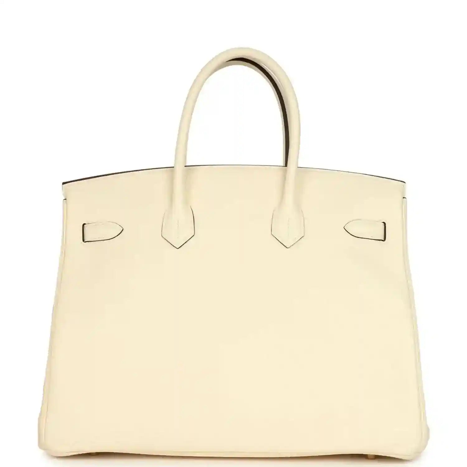 Cream leather tote with corner straps and gold turn-lock on front