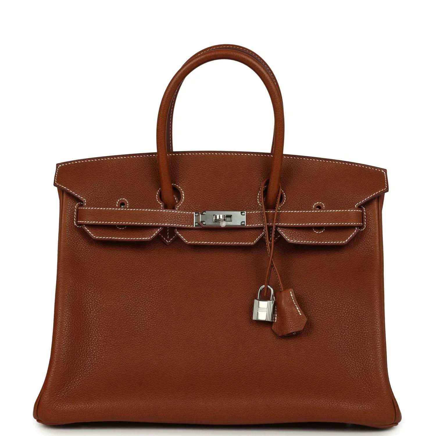 Hermes Birkin 35 handbag in brown leather with palladium hardware and top handles