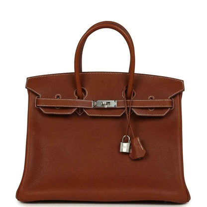Hermes Birkin 35 handbag in brown leather with palladium hardware and top handles